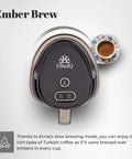 Top view of Electric Turkish Coffee Pot With Cook Sense Technology 1 To 4 Cup Capacity BPA Free 120V next to coffee cup