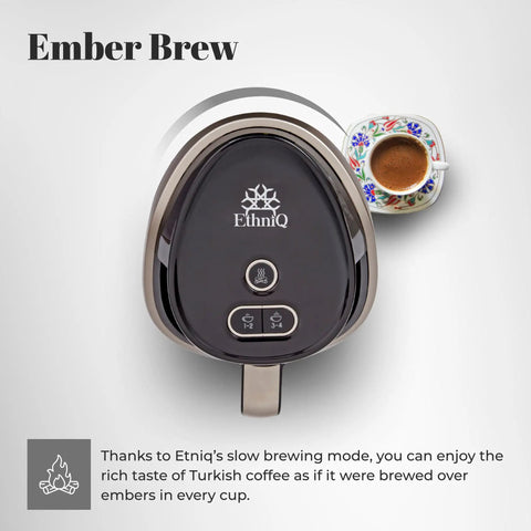 Top view of Electric Turkish Coffee Pot With Cook Sense Technology 1 To 4 Cup Capacity BPA Free 120V next to coffee cup