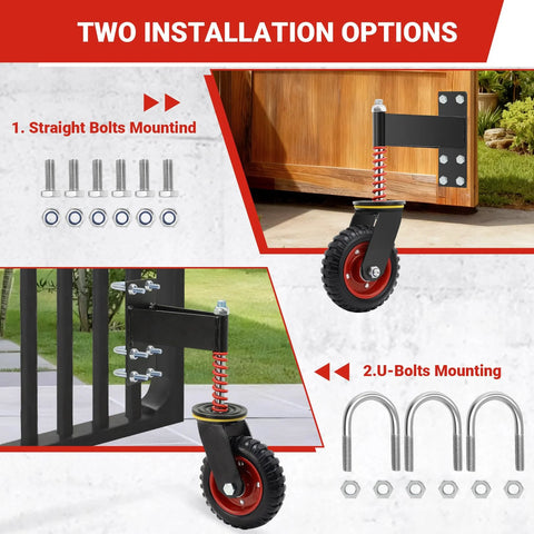 6 Inch Heavy Duty Gate Wheel With 500 Lbs Capacity For Metal Tube And Wooden Gates 360 Degree Swivel Spring Loaded Gate Caster Wheels Dual Mount Options Straight And U Bolt For Easy Installation And Long Lasting Performance installation options