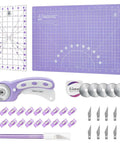 Headley Tools 45mm purple rotary cutter set with extra blades, A3 cutting mat, quilting ruler and clips.