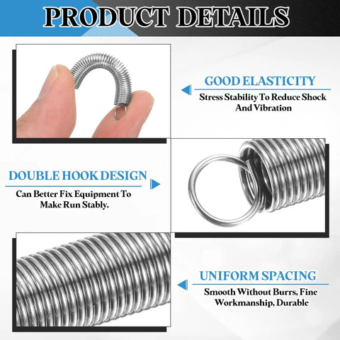 Premium Grade 304 Stainless Steel Extension Springs 10 Pack Featuring Dual End Hooks And Slim.02 Inch Wire Diameter showing elasticity and double hook design.