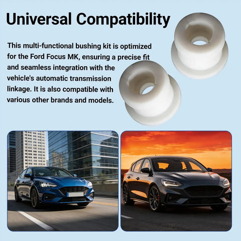 Two Piece Shifter Cable Bushing Kit For Ford Edge Explorer Endura Escape Hybrid Focus MK Replace OEM DG9Z 7K340 A Transmission Gear Shift Cable Repair with attached images of Ford Focus cars and bushings.
