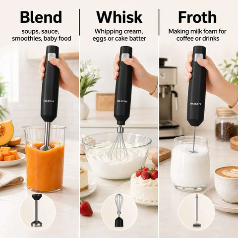 Game Changing Cordless Stick Blender With 12V Brushless Motor And Pressure Sensitive Variable Speed For No Sweat Kitchen Prep And Super Smooth Purees Easy Clean Black used for blending soups, whisking cream, and frothing milk.