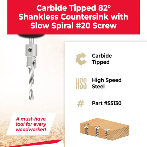 Heavy Duty Carbide Tipped Shankless Countersink Drill Bit Designed For Swift Cut Throughs And Spot On Flush Screw Setups In Raw Wood Plywood Mdf Chipboard And Light Aluminum Panel Workpieces. Features slow spiral design.