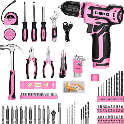Pink Cordless Drill Set for Women 12V Electric Drill Driver Kit with 1.5Ah Li Ion Battery Portable Tool Box DIY Home Improvement Must Have Case Included Handy Power Tools for Household Repairs, shown with tools and accessories.