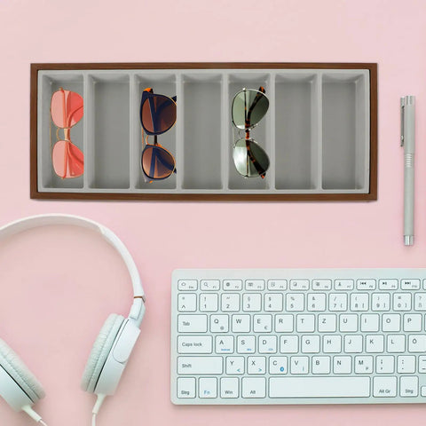 Keep Your Shades Neat In This Slick Wooden Sunglasses Holder Tray Featuring Plush Gray Velvet Lining And Seven Roomy Slots For Secure Eyewear Organization At Home.