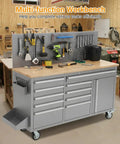 61 Inch Rolling Tool Chest With 10 Drawers And Power Strip, solid wood top, heavy duty steel frame, in a workshop setting