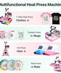 5 In 1 Swing Away Heat Press Machine 12 X 15 Inch Digital T Shirt Press Combo showcasing applications for hats, mugs, and plates.