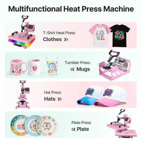 5 In 1 Swing Away Heat Press Machine 12 X 15 Inch Digital T Shirt Press Combo showcasing applications for hats, mugs, and plates.