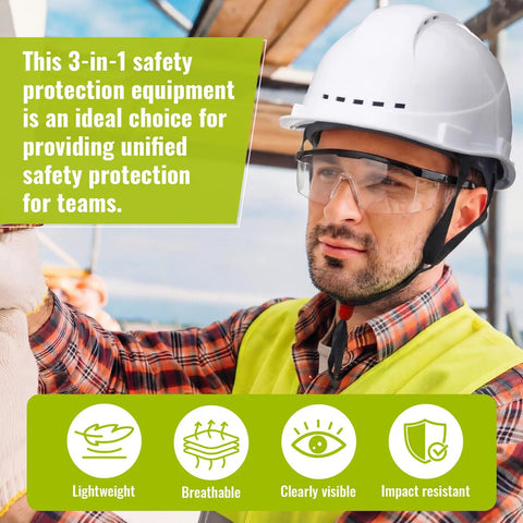 Solid Tradesman Kit Featuring 18 Piece Suspension Hard Hats In Clean White And Safety Yellow Paired With High Vis Mesh Reflective Vests Plus Premium Anti Fog Goggles For The Daily Grind being used by a worker wearing a white hard hat and safety goggles.