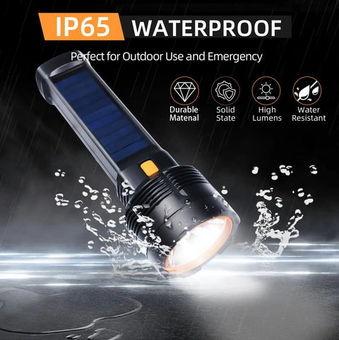 Two Pack LED Rechargeable Flashlights Solar Powered With USB C Backup Beast Bright 100000 Lumens Waterproof Lights For Home Camping Hiking Emergencies And Adventures, Compact Durable And Easy To Use showing waterproof feature in rain