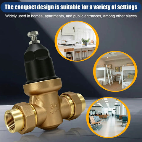 Three Quarter Inch NR3XL Pressure Reducing Valve With 400 Psi Max And Adjustable 15 To 75 Psi Factory Default 50 Psi Durable Cast Bronze Body in home, apartment, and public use