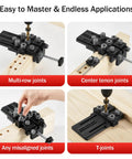 Precision Doweling Jig Kit With Adjustable Drill Guide And One Quarter Three Eighth One Half Inch Bushings Pro Grade Quick Clamp System For Straight Holes In Furniture Cabinets DIY Wood Joints Center Line Pointer For Perfect Alignment shown in use for different joint types