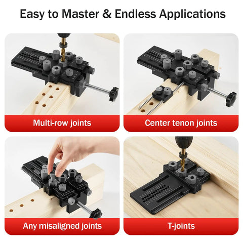 Precision Doweling Jig Kit With Adjustable Drill Guide And One Quarter Three Eighth One Half Inch Bushings Pro Grade Quick Clamp System For Straight Holes In Furniture Cabinets DIY Wood Joints Center Line Pointer For Perfect Alignment shown in use for different joint types