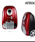 Heavy Duty HEPA Canister Vacuum Cleaner With 1400 Watt Variable Suction Motor And Three Stage Filtration That Crushes Dust Like A Champ side view with dimensions 18x8.5x12 inches