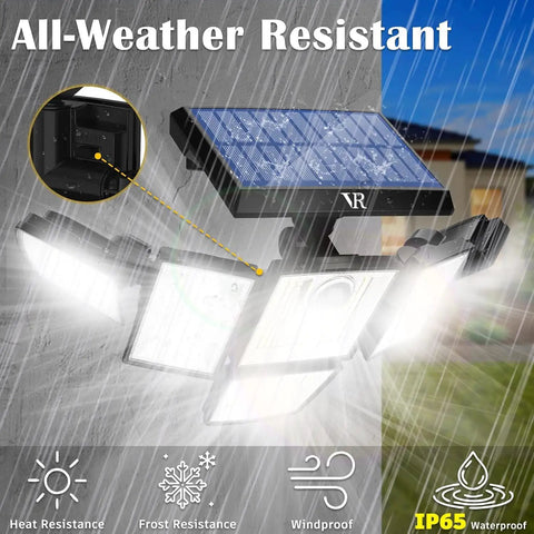 No Brainer Solar Motion Sensor Flood Lights Outdoor 6 Heads With 496 LEDs, 3500 Lumens, IP65 showcasing weather resistance features