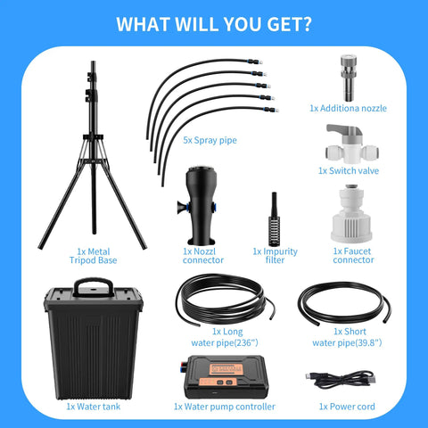 Components of Outdoor Patio Mister System With Four-Gallon Water Bucket And Pump, Eight Spray Modes, Adjustable Height Up To Seven Feet.