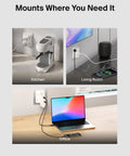Image showing Six Outlet Surge Protector Power Strip With USB C And USB A Ports For PD Fast Charge ETL Listed Wall Mountable 1680 Joules in use in kitchen, living room, and office environments.
