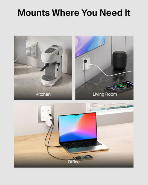 Image showing Six Outlet Surge Protector Power Strip With USB C And USB A Ports For PD Fast Charge ETL Listed Wall Mountable 1680 Joules in use in kitchen, living room, and office environments.