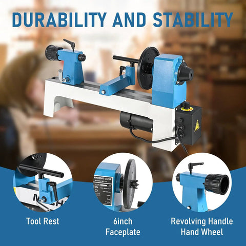 Compact Benchtop Wood Lathe 8x12 Inch Bed 1/3 HP with variable speed and pro tools, focusing on tool rest and faceplate