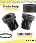 Two knurled black metal thread adapters with rubber gasket for 1/2-28 to 3/4-16, automotive accessories