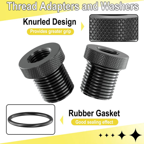 Two knurled black metal thread adapters with rubber gasket for 1/2-28 to 3/4-16, automotive accessories