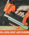 Badass Pneumatic Staple Gun That Knocks Out 22 Gauge Fasteners Without Any Hang Ups And Provides Ridiculously Smooth Operation For Reupholstering Chairs While Crushing Weekend Woodworking Builds, shown in use with an open magazine.