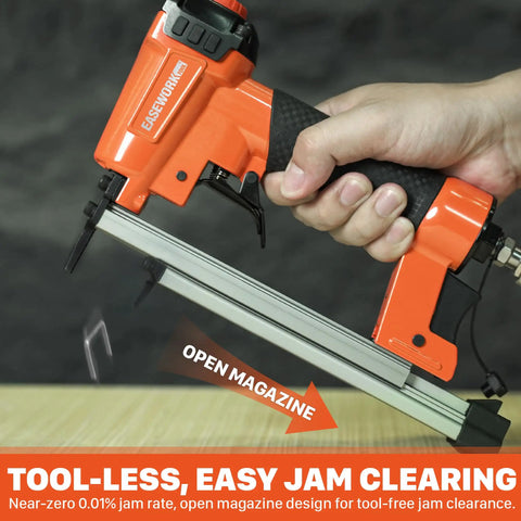 Badass Pneumatic Staple Gun That Knocks Out 22 Gauge Fasteners Without Any Hang Ups And Provides Ridiculously Smooth Operation For Reupholstering Chairs While Crushing Weekend Woodworking Builds, shown in use with an open magazine.