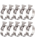 Ten stainless steel hose clamps with thumb screws, adjustable 1–2 inch diameter.