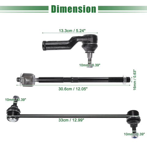 6 Piece Front Suspension Kit With Inner And Outer Tie Rod Ends And Sway Bar Links For Ford C Max Escape Focus Transit Connect Includes 2 Outer Tie Rod Ends 2 Inner Tie Rod Ends And 2 Sway Bar End Links. dimension view with tie rod and sway bar link measurements