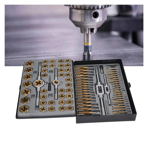 Premium Titanium Plated Tap And Die Threading Tool Kit For Heavy Duty Metal Work Includes Integrated Taps With Dies For Damaged Thread Repair And Custom Multi Scene Operations Perfect For Manual Offline Shop Projects That Need Precision And Durability, open case