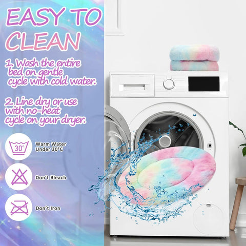 Self Heating Cat Bed 2 Pack Machine Washable Pet Mat Reversible Thermal Warm Round Dog Crate Pad in washing machine with water.