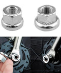 Flange Axle Nuts Set For Bikes M9 M10 Carbon Steel With Chrome Plating, shown on bicycle wheel hub for front and rear use.