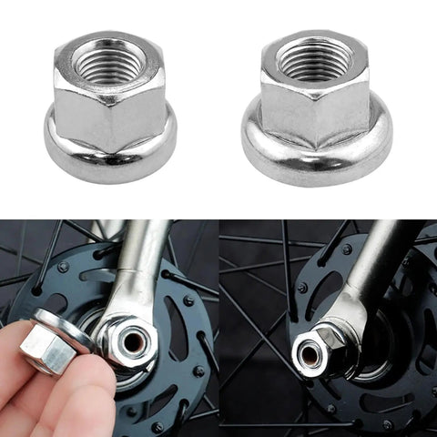 Flange Axle Nuts Set For Bikes M9 M10 Carbon Steel With Chrome Plating, shown on bicycle wheel hub for front and rear use.