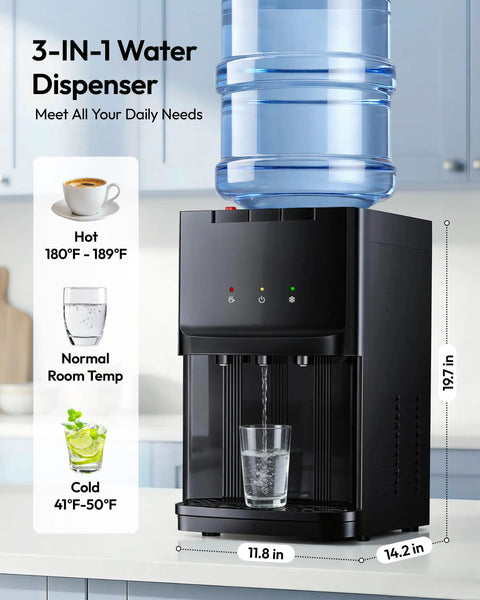 Countertop Water Dispenser With Three Temperature Settings on kitchen counter, fits 3/5 gallon bottles, top load cooler with safety lock