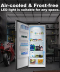 Big Boy 21 Cubic Foot Upright Freezer And Convertible Refrigerator With Glass Shelves Frost Free Setup LED interior light displaying organized food and drinks.