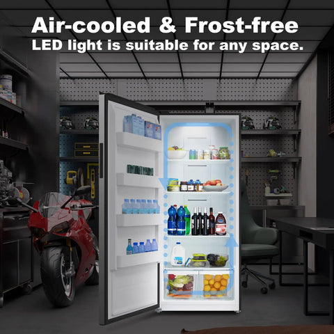 Big Boy 21 Cubic Foot Upright Freezer And Convertible Refrigerator With Glass Shelves Frost Free Setup LED interior light displaying organized food and drinks.