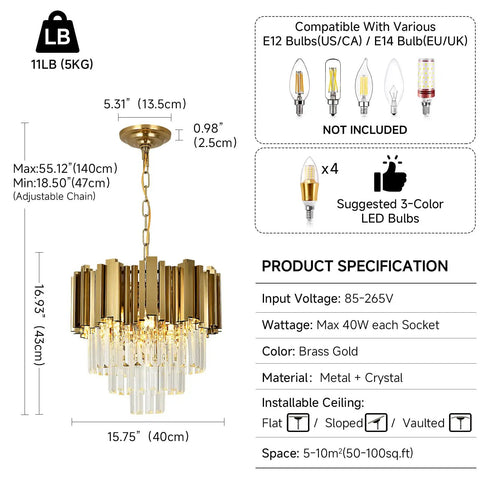 Gold Crystal Pendant Chandelier With Adjustable Chain For Dining Room, Living Room And Kitchen Island Modern Glam Lighting Fixture, 14in Long, 11.8in Wide, 17in High, K9 Crystal, Great For Contemporary Or Transitional Decor product specifications and bulb compatibility.
