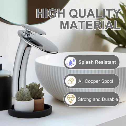 Chrome Waterfall Bathroom Faucet With Single Handle Vessel Sink Brass Lavatory Tap Tall Slanted Body Top Shelf Spa Finish