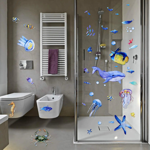 Underwater Ocean Wall Decals Set With 116 Pieces Marine Animals For Nursery Kids Bedroom Living Room And Bathroom Peel And Stick Removable Wall Art In Cute Bright Colors displayed in a bathroom