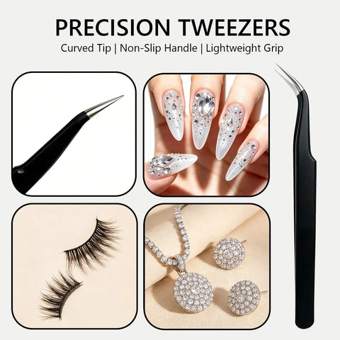 Precision tweezers with curved tip for use with Wax Pencil For Rhinestones And Nail Art With Dual Head Rhinestones Picker Tool