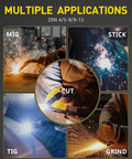 Multiple applications of Auto Darkening Welding Helmet With Giant 3.94x3.82 Inch Viewing Screen in MIG, TIG, Stick, and Grind modes.