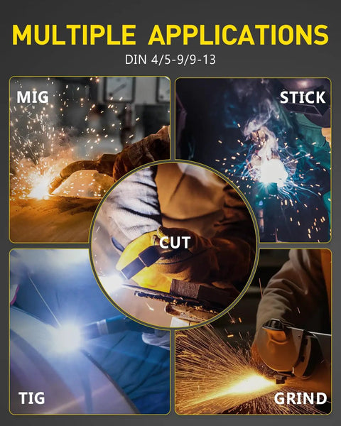 Multiple applications of Auto Darkening Welding Helmet With Giant 3.94x3.82 Inch Viewing Screen in MIG, TIG, Stick, and Grind modes.