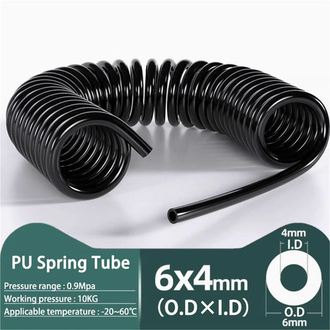 Heavy Duty Spiral Pneumatic Air Hose For Air Compressors 6X4MM Black Polyurethane Coiled Tube for workshop use.