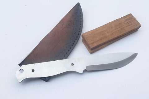 Nine Inch Stainless Outdoor Hunter Knife Kit With No Frills Blank Blade, rose wood scales, and cowhide leather sheath