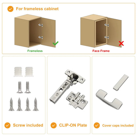 Frameless cabinet hinge set, 10-pack, satin nickel, soft-close concealed European hinges with clip-on plates and screws