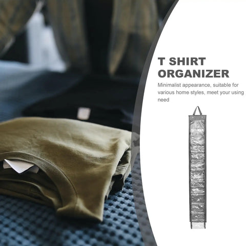 Double Sided Hanging Clothes Organizer Bag Keeps Your Closet Hella Tidy And Super Easy To Grab What You Need For Daily Storage And Simple Home Organization Vibes That Make Your Space Game Strong, grey with t-shirts.