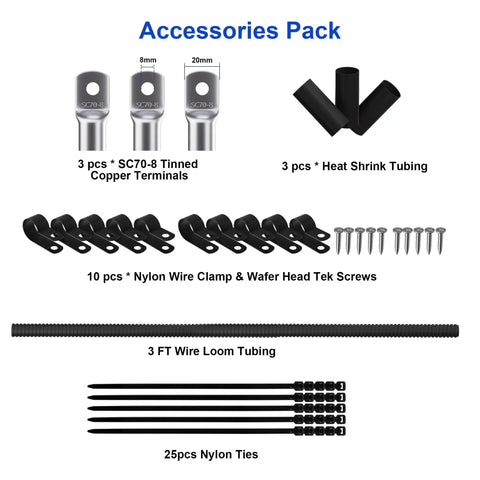 Heavy Duty Big 3 Upgrade Wiring Kit accessories pack with tinned copper terminals, clamps, heat shrink tubing, and nylon ties.