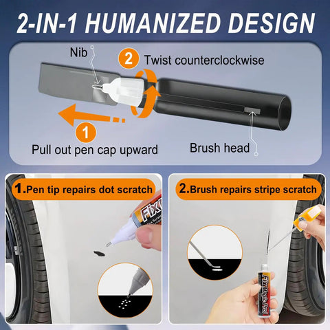 2 In 1 Car Scratch Repair Kit With Color Accurate Touch Up Paint For Cars Quick Drying Safe Easy To Use Weatherproof Pen Fits All Car Models 2 Pieces diagram showing nib and brush application method