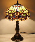 Tiffany Style Stained Glass Table Lamp With Vintage Victorian Vibe, 12 Inch Shade, 18 Inch Tall, Antique Green Bronze Base, Bedside Desk Reading Light For Bedroom Living Room Home Office, UL Listed lit on table